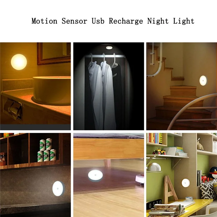USB Rechargeable Cabinet Bedside Round Lamp Magnetic Human Body Sensor LED Night Light - Cold White