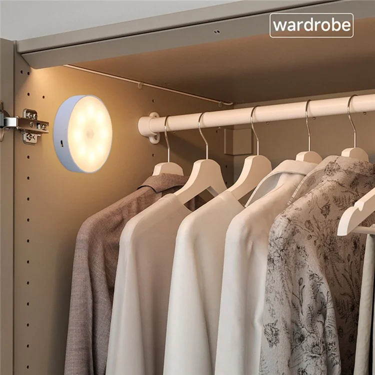 USB Rechargeable Cabinet Bedside Round Lamp Magnetic Human Body Sensor LED Night Light - Cold White