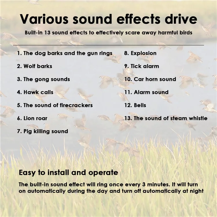 N911Q Solar Angetriebener Outdoor -vogel -repeller Mehrfach -sound -wiedergabe Vögel Alarmgerät