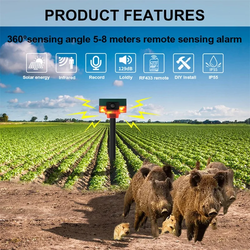 N911S Outdoor Solar Repeller Remote Infrared Human Sensor Recordable Animal Repeller Warning Light - Yellow