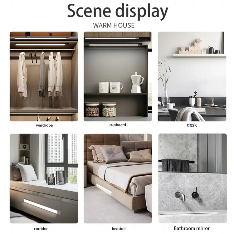 MZ-L1005 20CM LED Éclairage de meuble à détecteur de mouvement Ultra-mince Bande lumineuse d'armoire Lampe rechargeable Éclairage magnétique de plan de travail de cuisine - Noir 