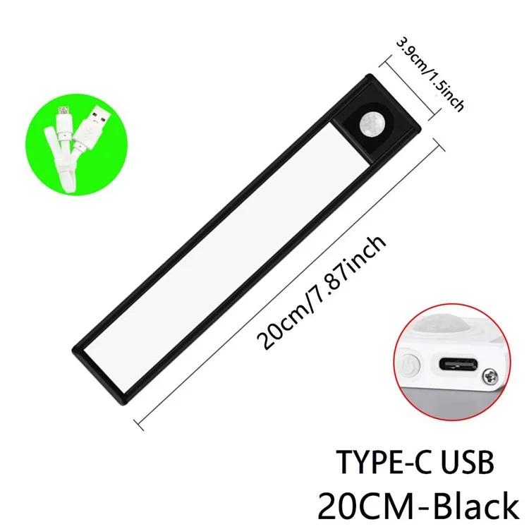 MZ-L1005 20CM LED Éclairage de meuble à détecteur de mouvement Ultra-mince Bande lumineuse d'armoire Lampe rechargeable Éclairage magnétique de plan de travail de cuisine - Noir 