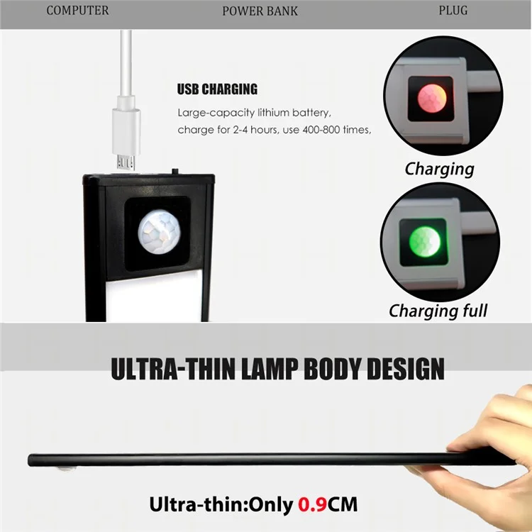 MZ-L1005 20CM LED Éclairage de meuble à détecteur de mouvement Ultra-mince Bande lumineuse d'armoire Lampe rechargeable Éclairage magnétique de plan de travail de cuisine - Noir 