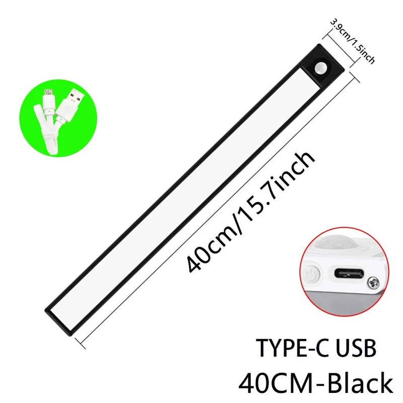 MZ-L1005 40CM Magnetic Cabinet Strip Light Self-Adhesive Closet Lamp Wardrobe Lighting Smart LED Motion Sensor Night Light - Black