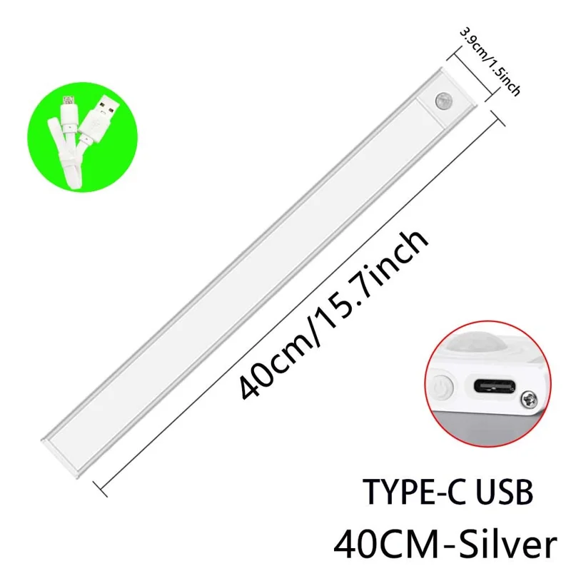 MZ-L1005 40CM Magnetic Cabinet Strip Light Self-Adhesive Closet Lamp Wardrobe Lighting Smart LED Motion Sensor Night Light - Silver
