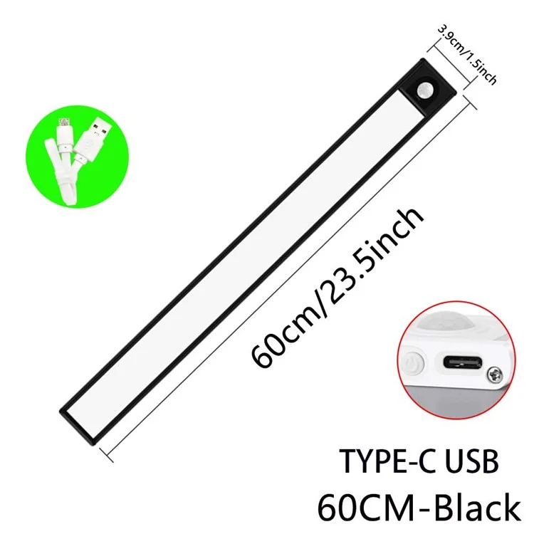MZ-L1005 60CM Smart LED Motion Sensor Cabinet Strip Light Self-Adhesive Closet Lamp Wardrobe Lighting Night Light - Negro