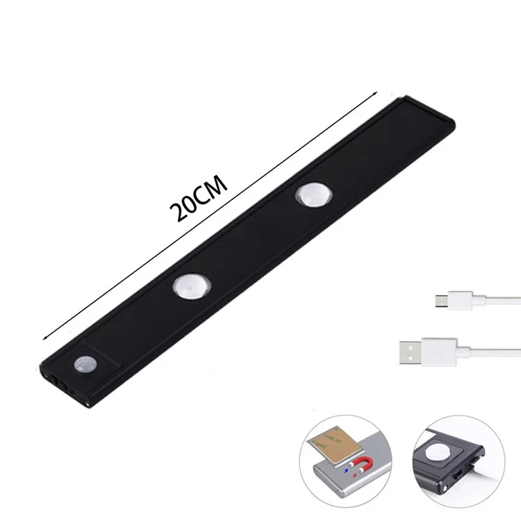 MZ-1602 20CM Slim Strip Light Self-Adhesive Closet Lamp Cabinet Wardrobe Lighting Smart LED Human Body Sensing Night Light - Schwarz