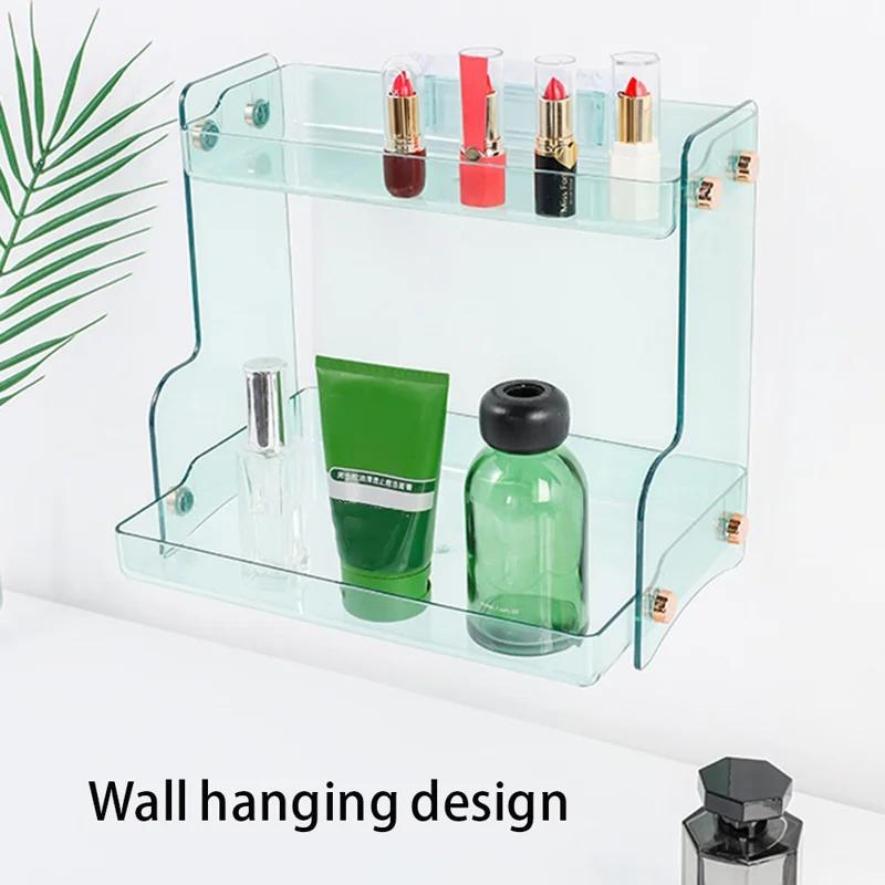 Cosmetic Storage Rack Organizer PET+ABS Wall Mount Dual Layer Makeup Perfume Display Shelf - Transparent