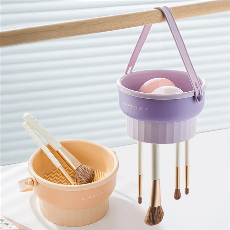 Makeup Cleaning Bowl Hanging Drying Basket Silicone Cleaning Mat Drying Rack Storage Box for Powder Puff, Brush - Apricot