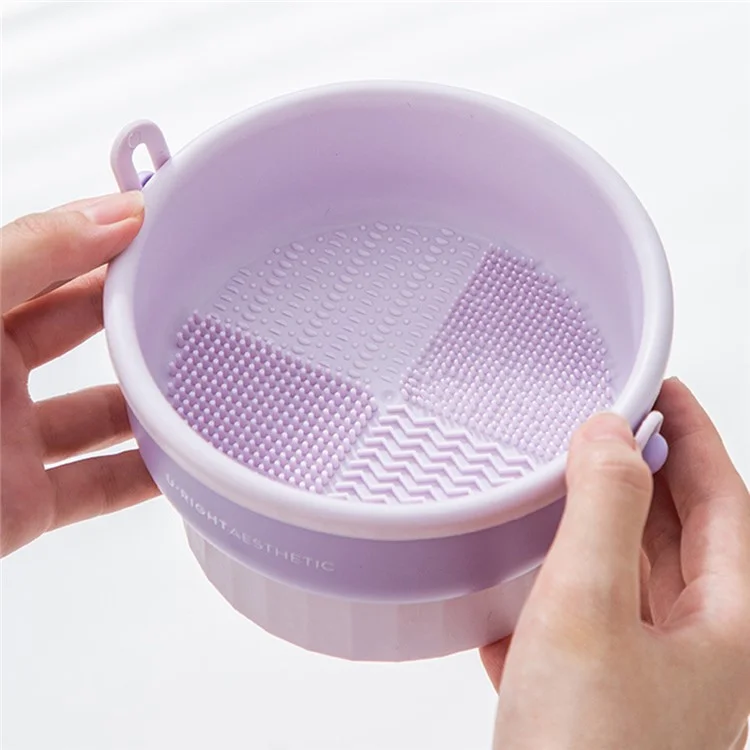 Makeup Cleaning Bowl Hanging Drying Basket Silicone Cleaning Mat Drying Rack Storage Box for Powder Puff, Brush - Apricot