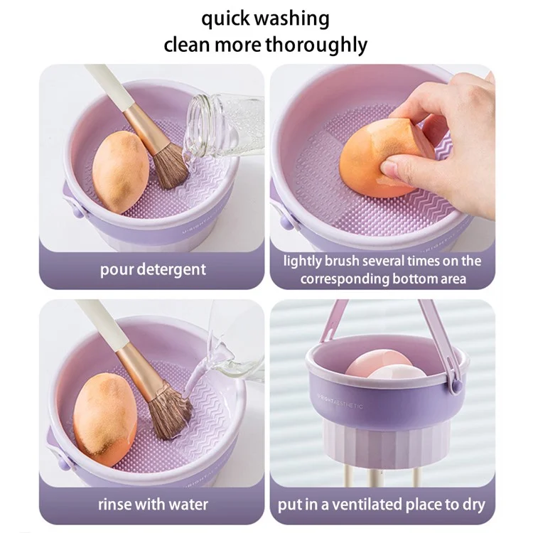 Makeup Cleaning Bowl Hanging Drying Basket Silicone Cleaning Mat Drying Rack Storage Box for Powder Puff, Brush - Apricot