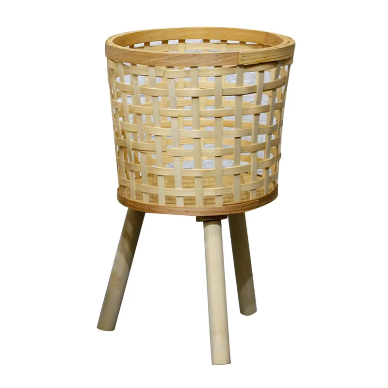 Home Planter Pot Basket Stand Leg Design Flower Vase Holder Hand-Woven Bamboo Basket Office Decoration, Size: M - Grid