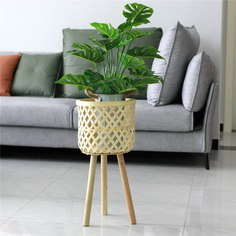 Home Planter Pot Basket Stand Leg Design Flower Vase Holder Hand-Woven Bamboo Basket Office Decoration, Size: M - Grid