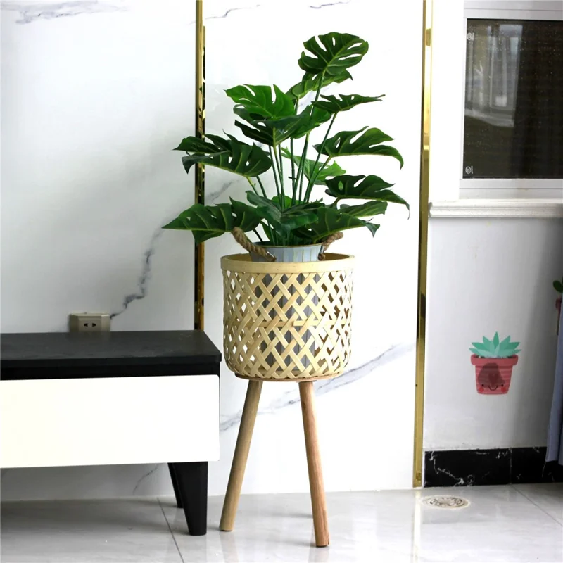 Knitted Bamboo Planter Pot Basket Woven Plants Vase Flowers Container Home Decoration, Size: L - Grid