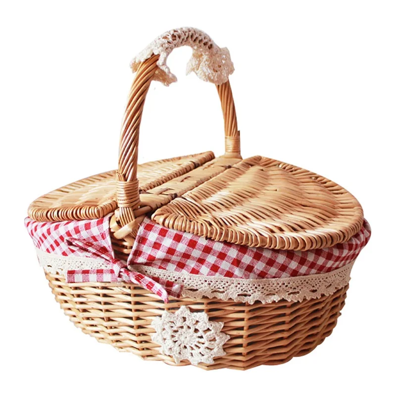 Hand-Woven Wicker Picnic Basket Lid Design Cotton+Linen Cloth Lining Blanket for Eggs, Candy, Flowers, Size: L - Red Grid