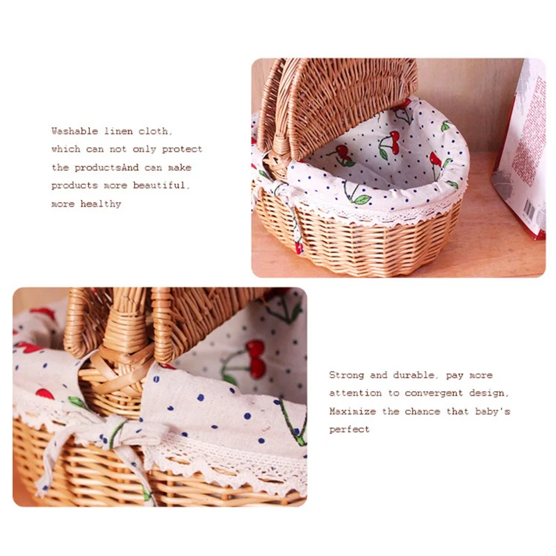 Hand-Woven Wicker Picnic Basket Lid Design Cotton+Linen Cloth Lining Blanket for Eggs, Candy, Flowers, Size: L - Red Grid