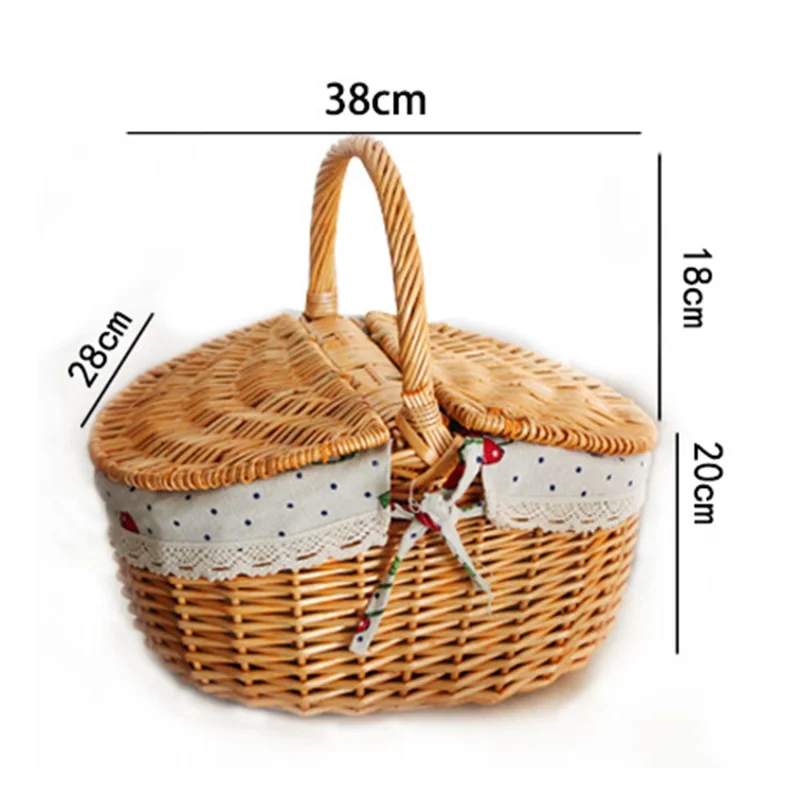 Hand-Woven Wicker Picnic Basket Lid Design Cotton+Linen Cloth Lining Blanket for Eggs, Candy, Flowers, Size: L - Red Grid