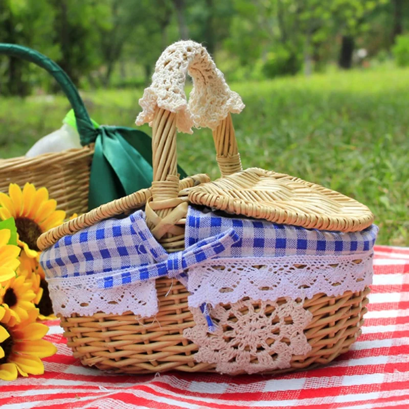 Hand-Woven Wicker Picnic Basket Lid Design Cotton+Linen Cloth Lining Blanket for Eggs, Candy, Flowers, Size: L - Blue Grid