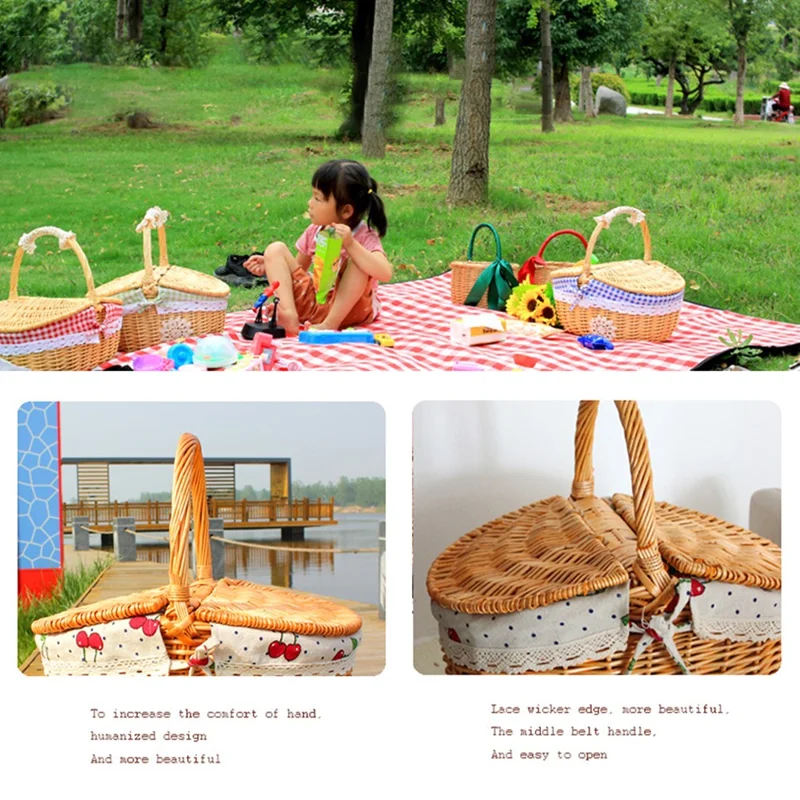 Hand-Woven Wicker Picnic Basket Lid Design Cotton+Linen Cloth Lining Blanket for Eggs, Candy, Flowers, Size: L - Cherry