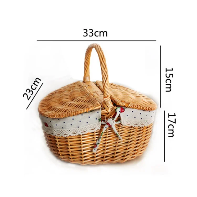 Cotton Linen Cloth Wicker Knitted Blanket Home Storage Bin Outdoor Woven Picnic Basket with Lid, Size: M - Red Grid