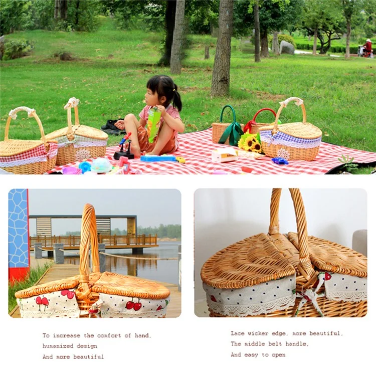 Outdoor Woven Picnic Basket Cotton Linen Cloth Wicker Knitted Blanket Home Storage Bin with Lid, Size: S - Red Grid