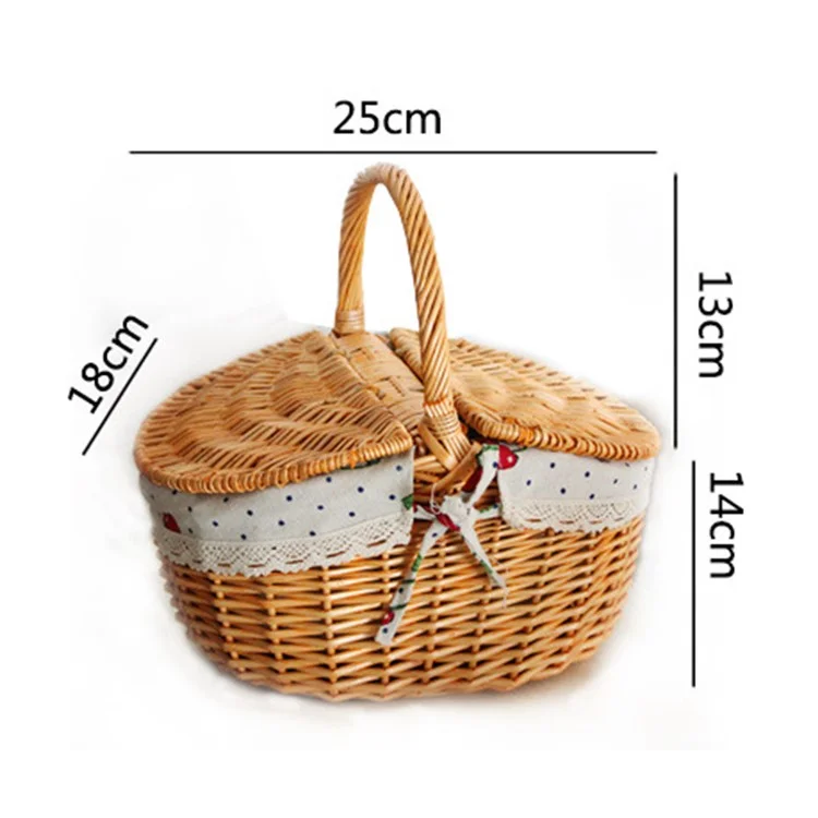 Outdoor Woven Picnic Basket Cotton Linen Cloth Wicker Knitted Blanket Home Storage Bin with Lid, Size: S - Red Grid