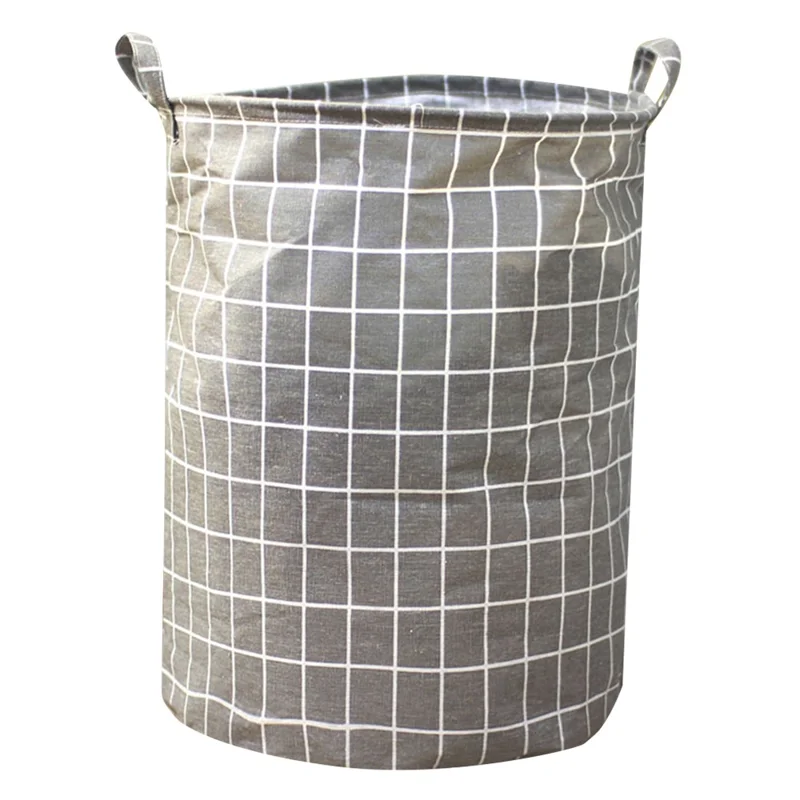28L Collapsible Laundry Basket Cotton Linen Dirty Clothes Hamper Basket with Handles, Size S, 30x40cm - Grey Grid