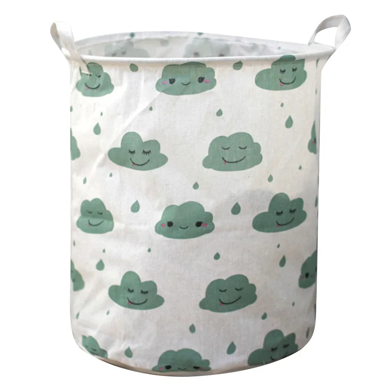 63L Cotton Linen Collapsible Dirty Clothes Basket Laundry Hamper Bin with Handles, Size L, 40x50cm - Green Cloud
