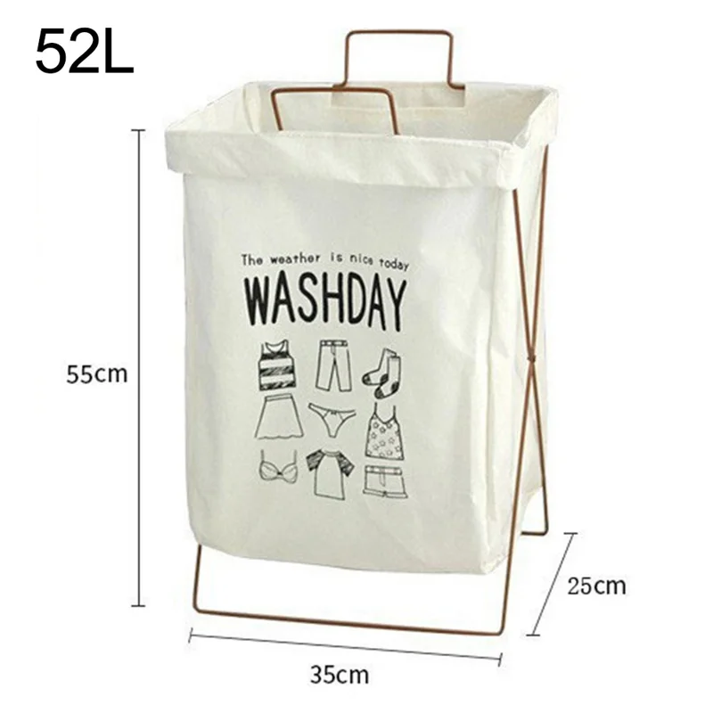 52L Foldable Laundry Basket Iron Rack Cotton Linen Dirty Clothes Storage Basket Hamper, Size L - White