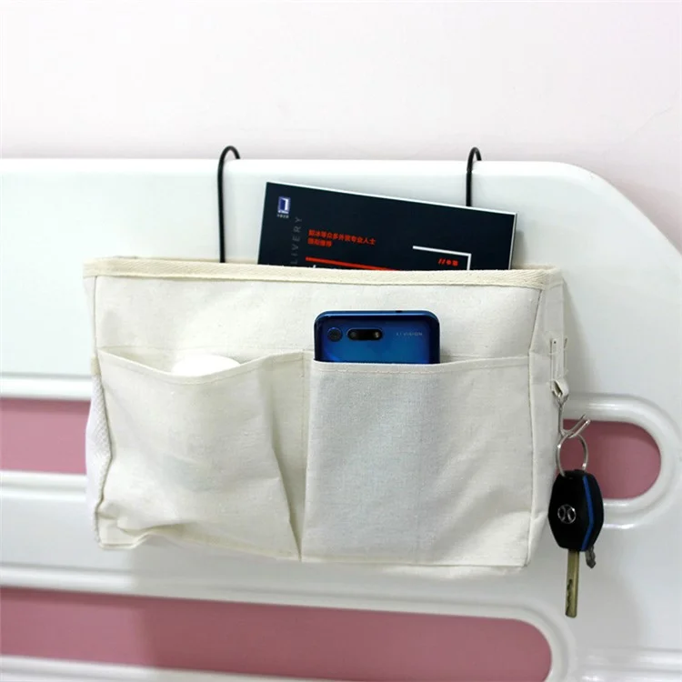 Bedside Hanging Storage Organizer for Bunk and Hospital Beds, College Dorm Bed, Books Mobile Phones Container Holder - White