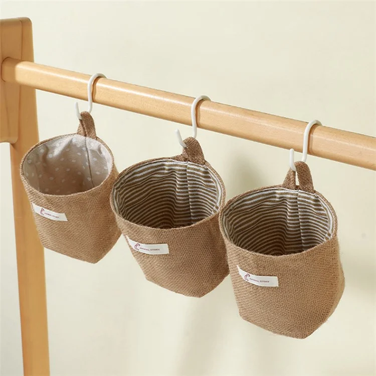 Cotton Linen Washable Storage Bag Kitchen Desktop Hanging Organizer Container - Yellow / Stripe