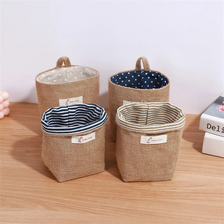 Cotton Linen Washable Storage Bag Kitchen Desktop Hanging Organizer Container - Yellow / Stripe