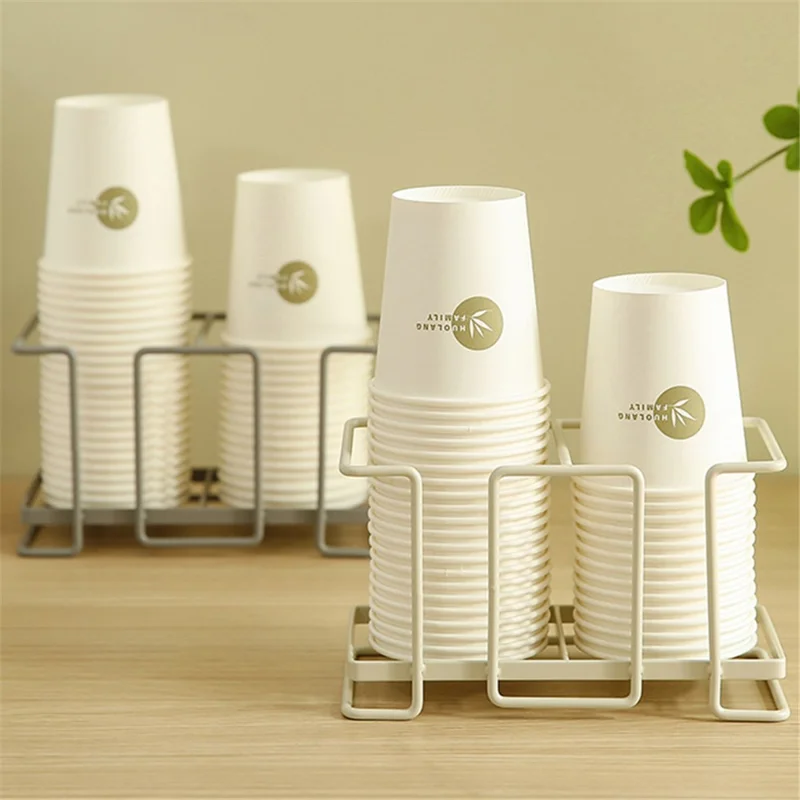 MTAM Desktop Disposable Cups Organizer Paper Cup Holder Dispenser Iron Storage Rack, Double Slot - Warm Grey