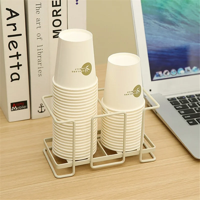 MTAM Desktop Disposable Cups Organizer Paper Cup Holder Dispenser Iron Storage Rack, Double Slot - Warm Grey