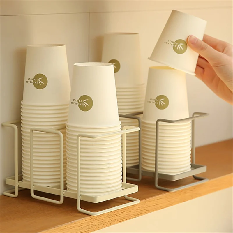 MTAM Desktop Disposable Cups Organizer Paper Cup Holder Dispenser Iron Storage Rack, Double Slot - Warm Grey