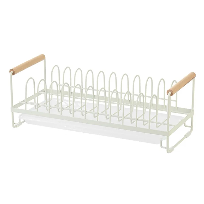 MTAM Iron+PP Kitchen Countertop Storage Rack Dishes Plates Holder Organizer with Drainer Tray - Cream