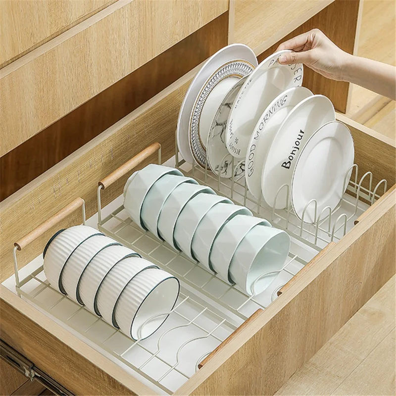 MTAM Iron+PP Kitchen Countertop Storage Rack Dishes Plates Holder Organizer with Drainer Tray - Cream