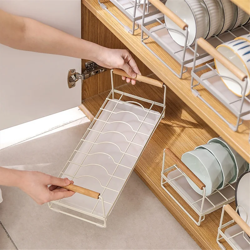 MTAM Iron+PP Kitchen Countertop Storage Rack Dishes Plates Holder Organizer with Drainer Tray - Cream