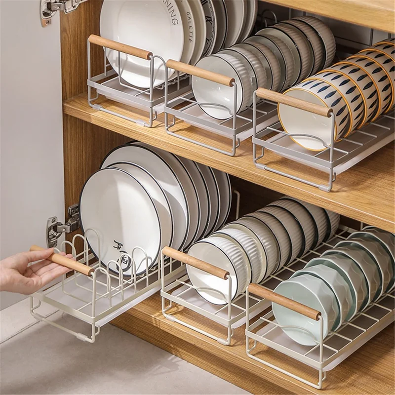 MTAM Iron+PP Kitchen Countertop Storage Rack Dishes Plates Holder Organizer with Drainer Tray - Cream