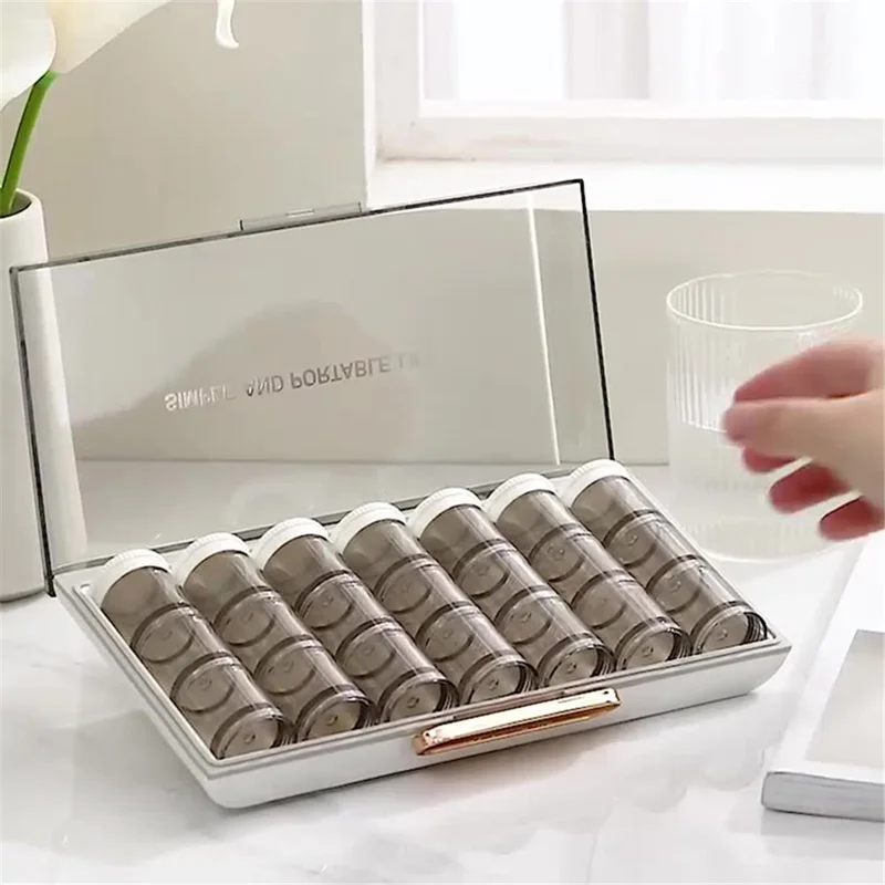 MTAM MZ-J012 Weekly Pill Box 21 Grids Medicine Dispenser Portable Tablets Organizer Storage Container (No FDA Certified, BPA-free) - Orange Yellow