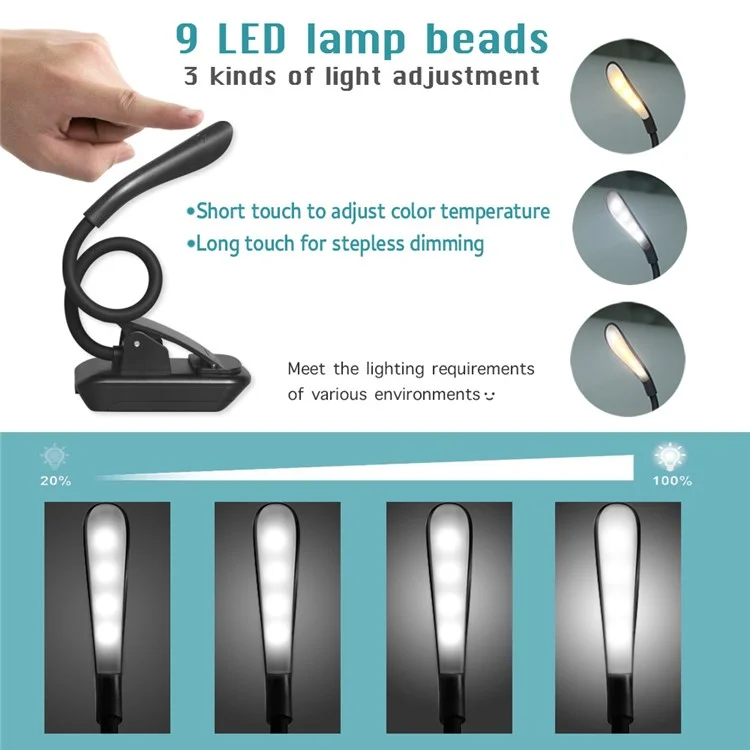 Lampe de lecture à clip alimentée par batterie ST-8032D, 3 températures de couleur, variation de luminosité sans palier