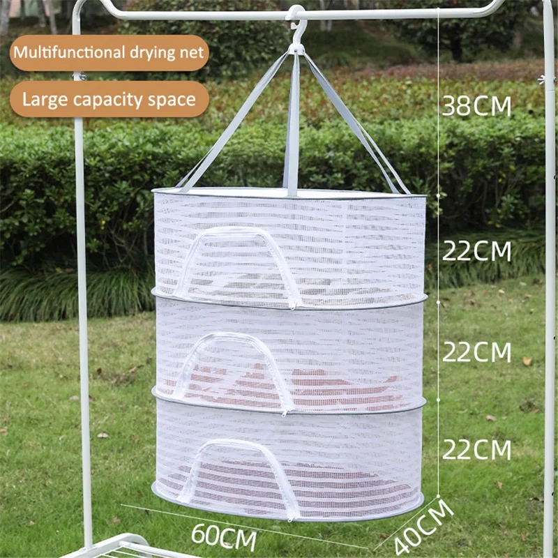 40x60CM Drying Rack 3 Layers Hanging Mesh Polyester + Steel Wire Net for Seafoods, Fruits, Clothes