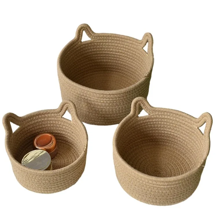 3Pcs / Set Cat Ears Design Cotton Rope Woven Storage Basket Round Desktop Sundries Organizer - Yellowish Brown