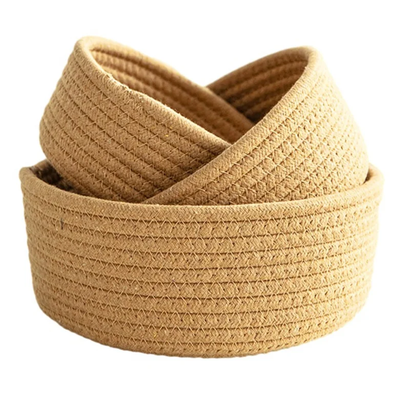 3Pcs / Set Nordic Cotton Rope Woven Storage Basket Round Desktop Cosmetics Organizer Basket - Yellowish Brown