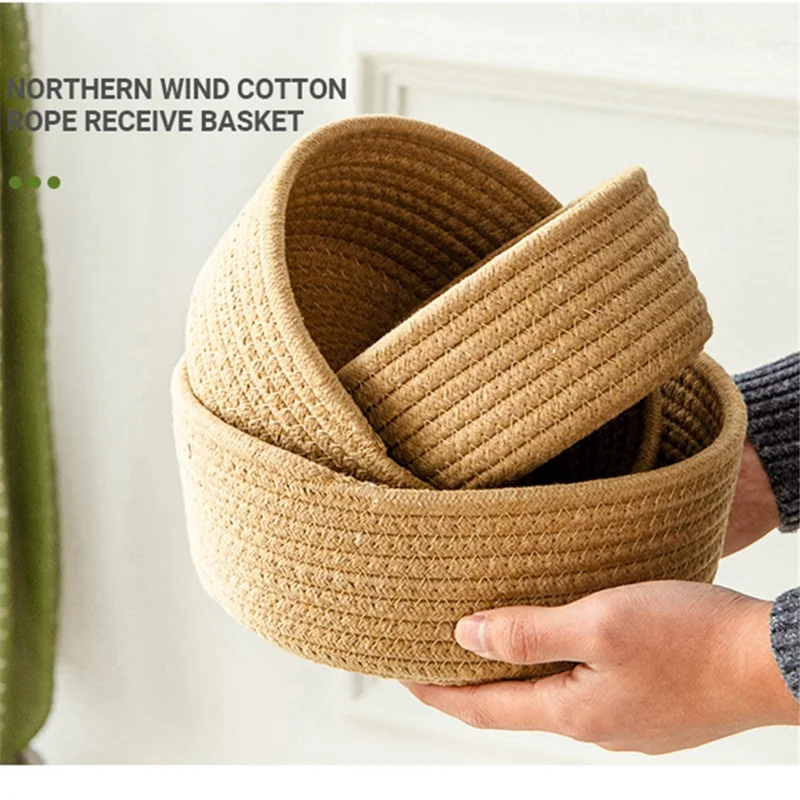 3Pcs / Set Nordic Cotton Rope Woven Storage Basket Round Desktop Cosmetics Organizer Basket - Yellowish Brown