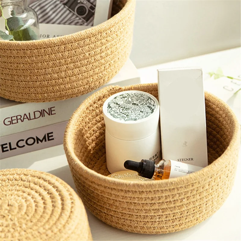 3Pcs / Set Nordic Cotton Rope Woven Storage Basket Round Desktop Cosmetics Organizer Basket - Yellowish Brown
