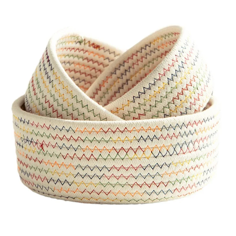 3Pcs / Set Nordic Cotton Rope Woven Storage Basket Round Desktop Cosmetics Organizer Basket - White+Multi-color