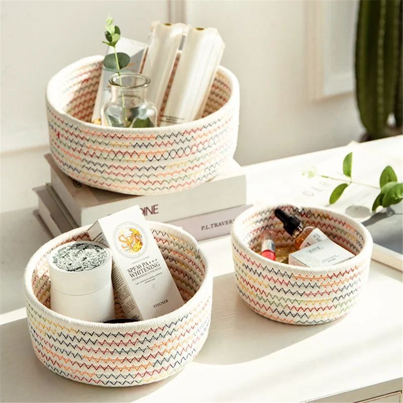 3Pcs / Set Nordic Cotton Rope Woven Storage Basket Round Desktop Cosmetics Organizer Basket - White+Multi-color