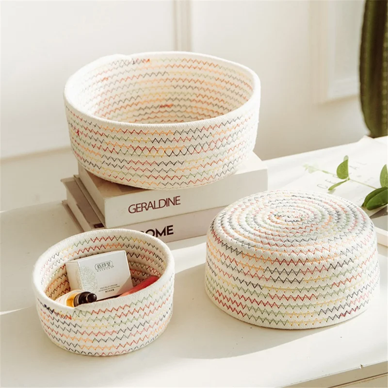 3Pcs / Set Nordic Cotton Rope Woven Storage Basket Round Desktop Cosmetics Organizer Basket - White+Multi-color