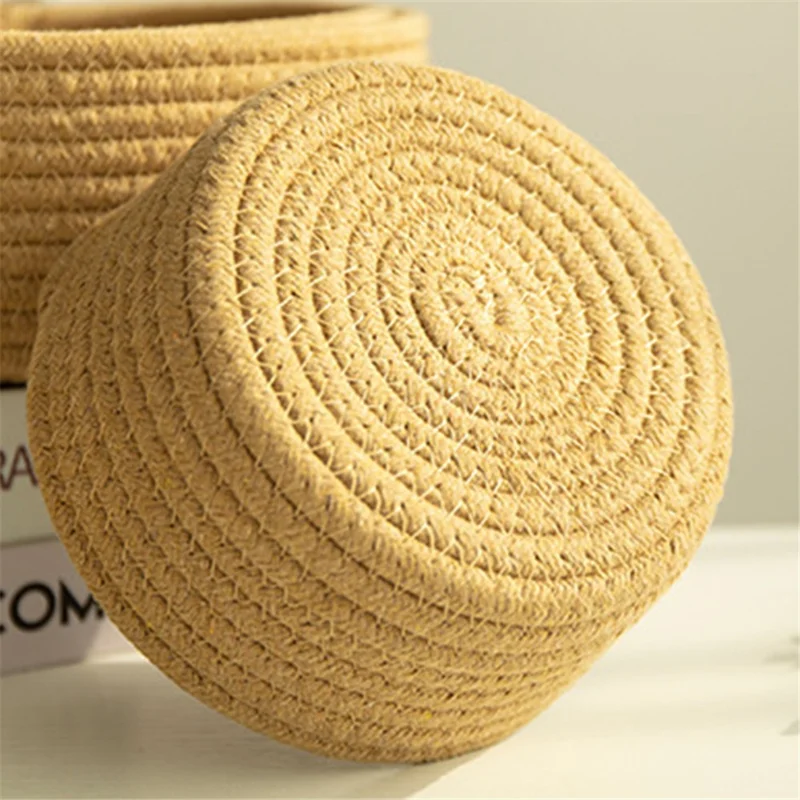 3Pcs / Set Nordic Cotton Rope Woven Storage Basket Round Desktop Cosmetics Organizer Basket - White+Multi-color